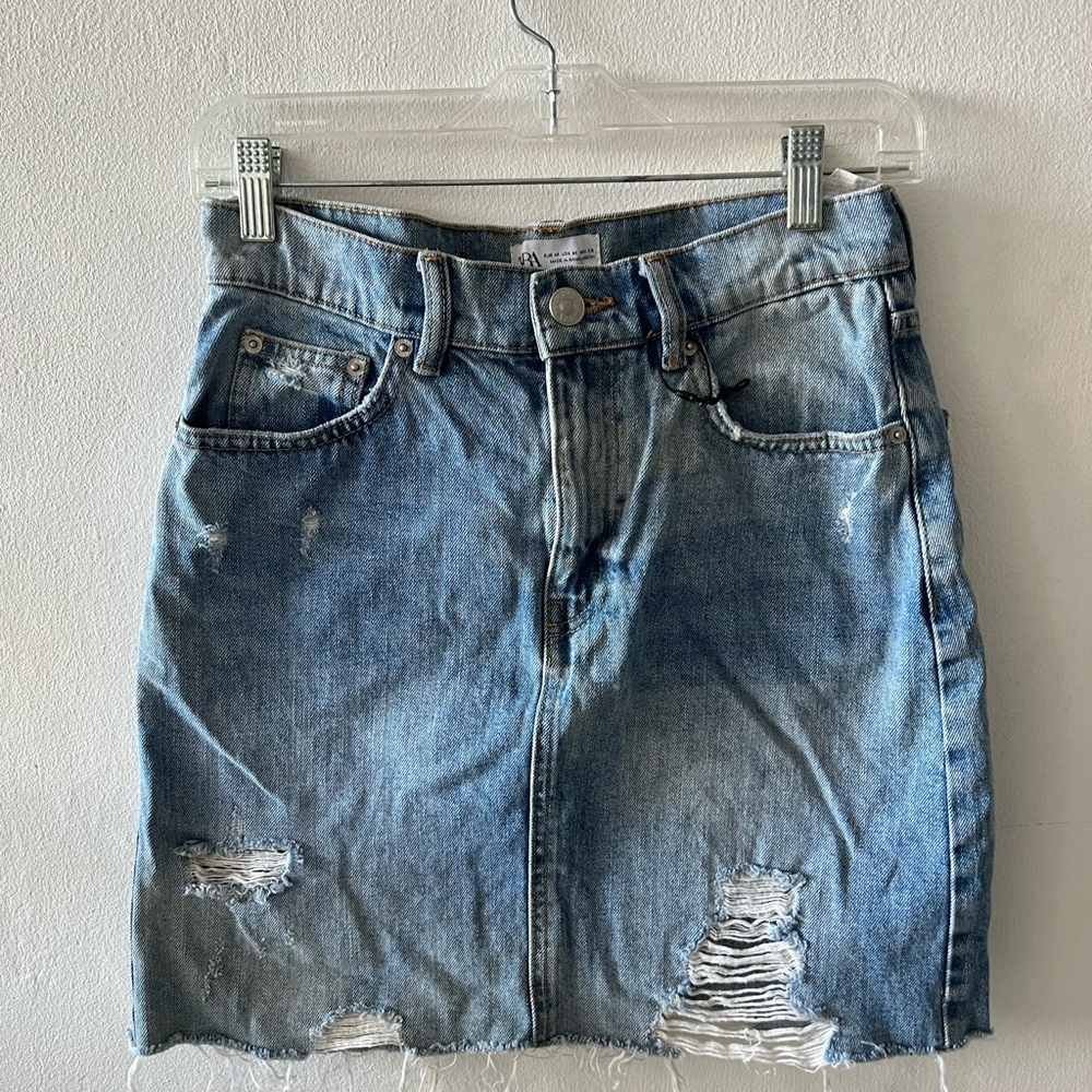 Zara Light Blue Distressed Denim Mini Skirt